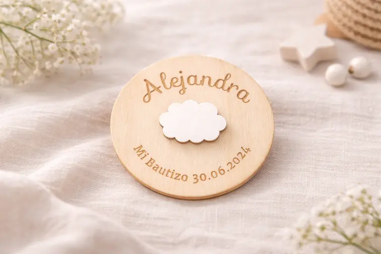 Imán de madera con dibujo en relieve