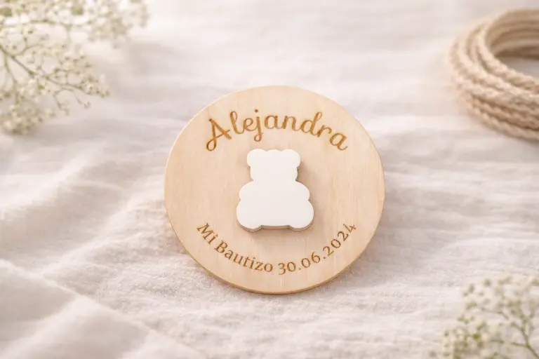 Imán de madera con dibujo en relieve