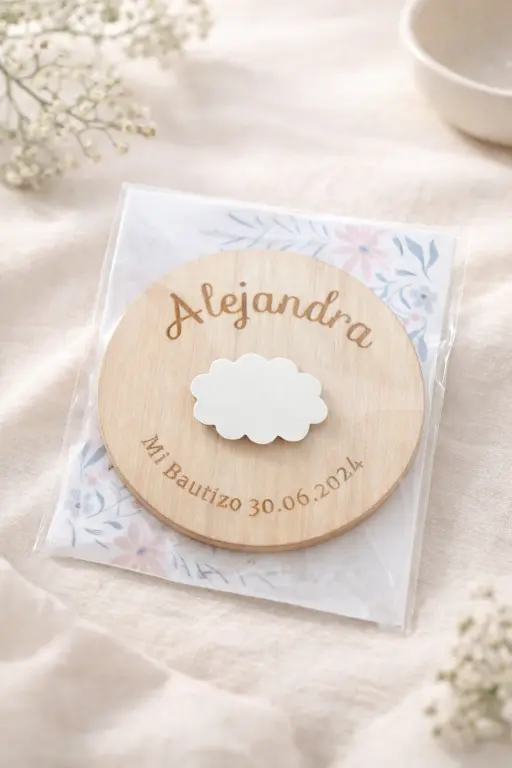 Imán de madera con dibujo en relieve